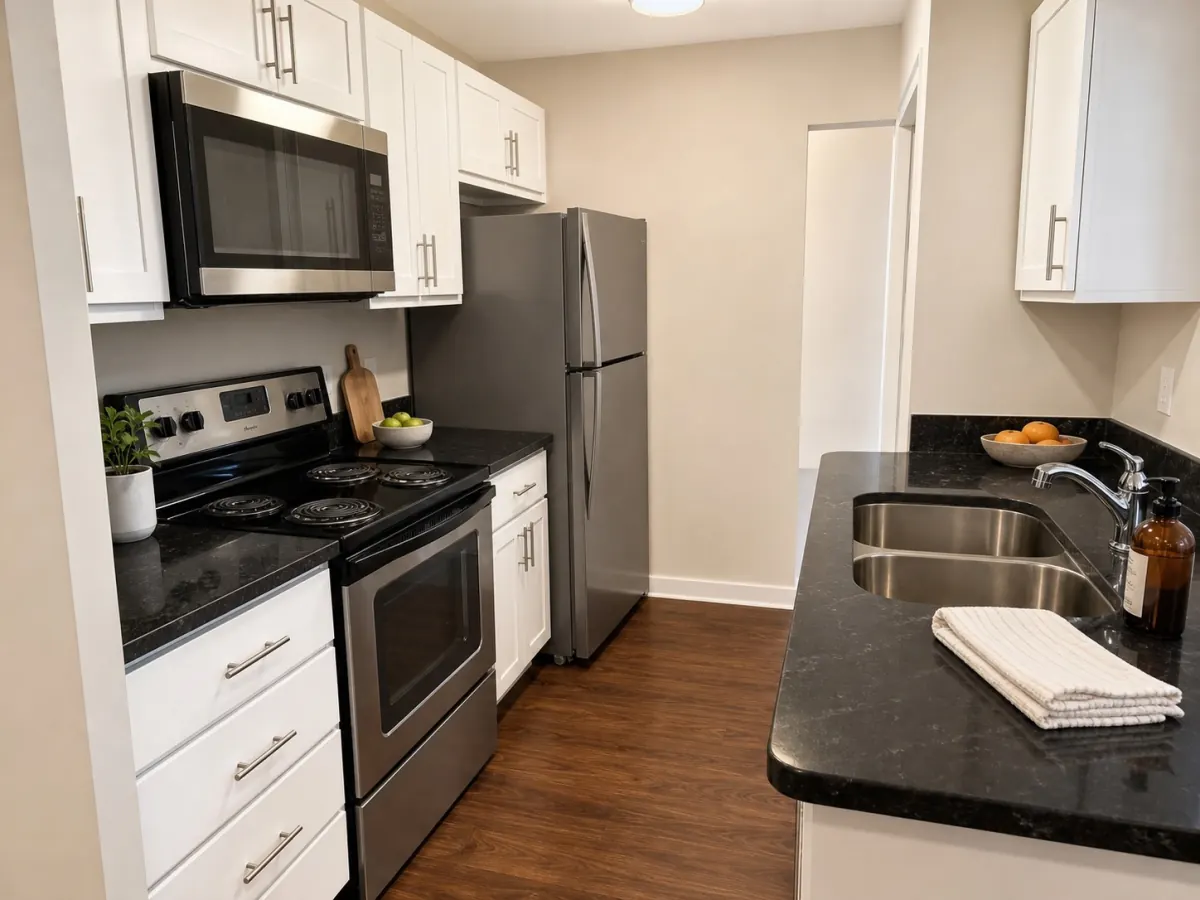 Kitchen with granite counters and stainless sink