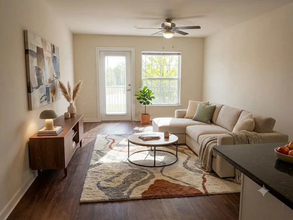 Living room with wood-style flooring and ceiling fan